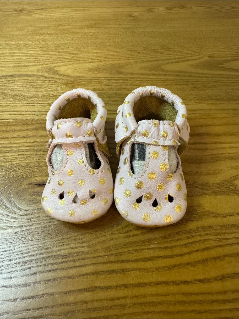 Freshly Picked Pink Mary Jane Baby Shoes with Gold Polka Dots